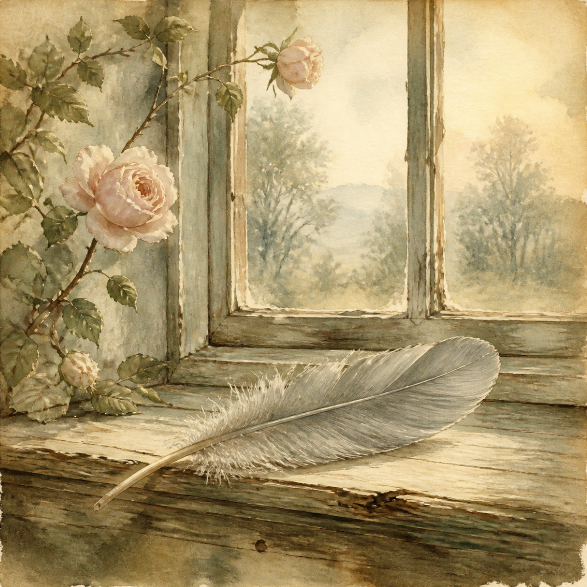 A single pale gray feather on a windowsill in early light