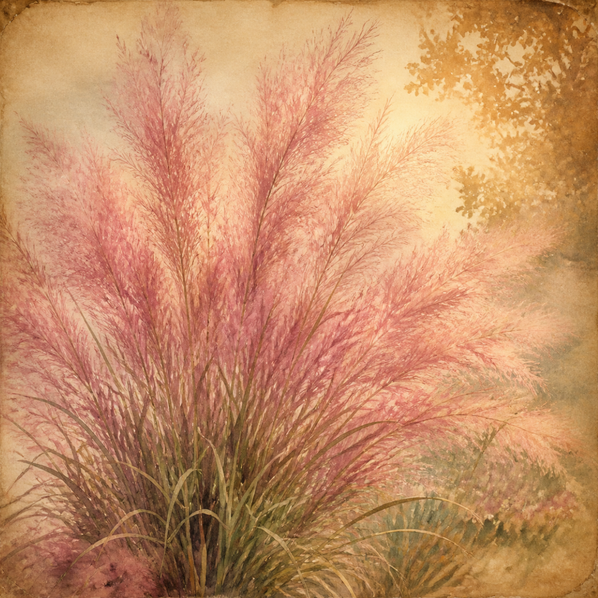 Pink muhly grass in full plume with soft light behind it