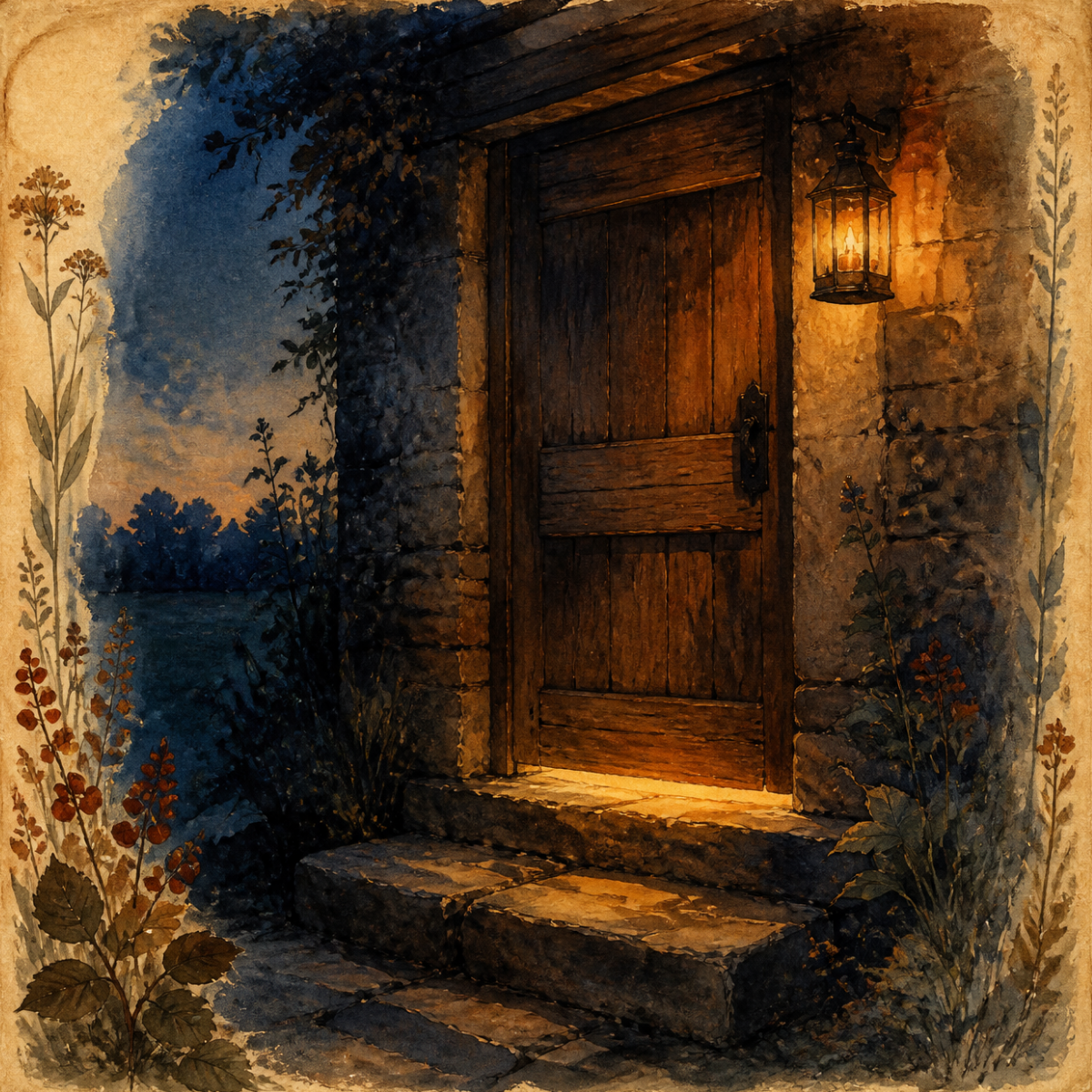 A heavy farmhouse door at dusk with lamplight showing beneath it