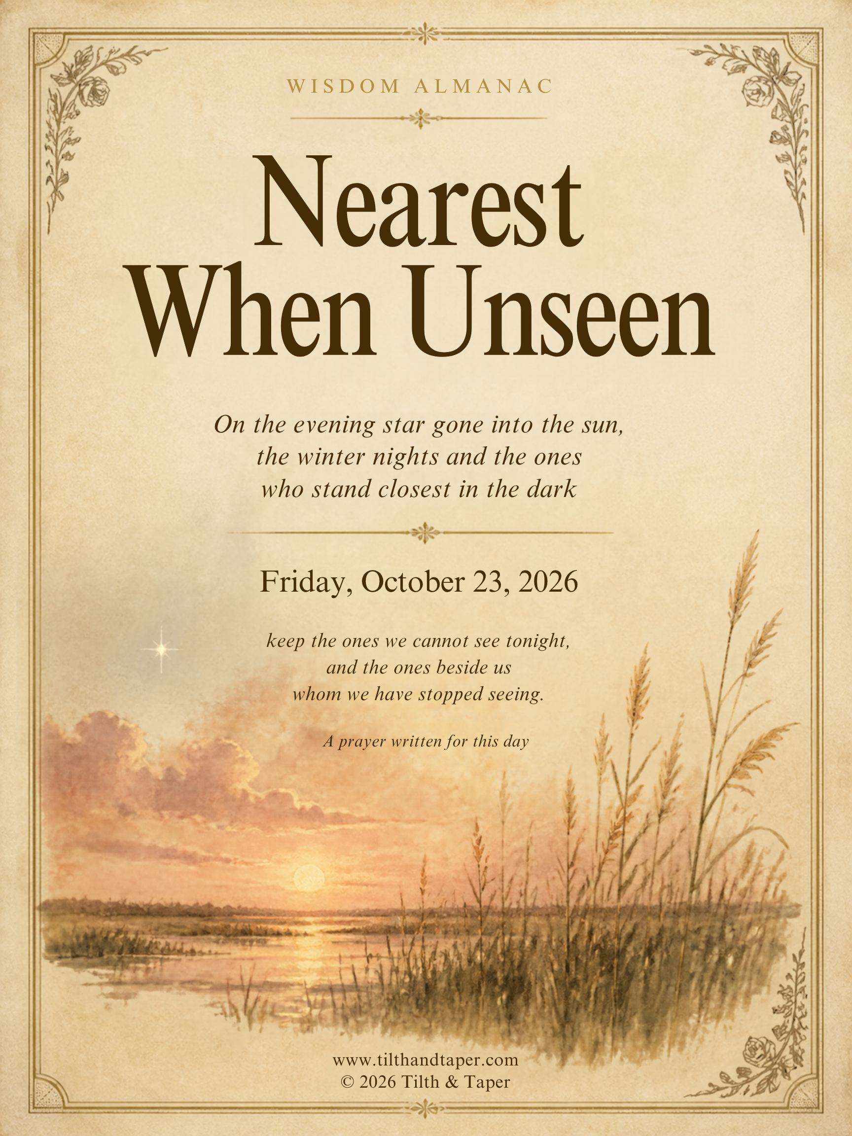 Title card for Nearest When Unseen: an evening star over a salt marsh at sunset, Friday, October 23, 2026